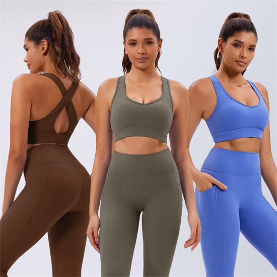 Vente en gros OEM/ODM femmes 2 pièces Leggings + soutien-gorge vêtements vêtements de Yoga côtelé ensemble d'entraînement de gymnastique Fitness ensembles de sport actif