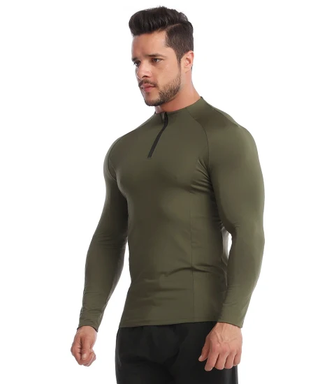 Vente en gros de vêtements nouveau design pour hommes, couleurs contrastées vert/noir, chemise de sport à compression à manches longues avec fente en bas